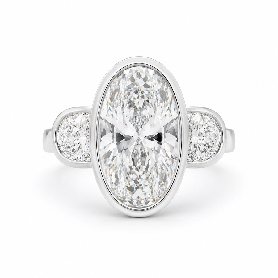 3.50 CT Elongated Oval Cut Lab-Grown Diamond Three-Stone Engagement Ring in 14K White Gold – Full Bezel Trilogy Design