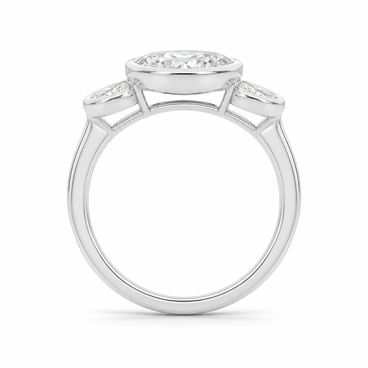 3.50 CT Elongated Oval Cut Lab-Grown Diamond Three-Stone Engagement Ring in 14K White Gold – Full Bezel Trilogy Design