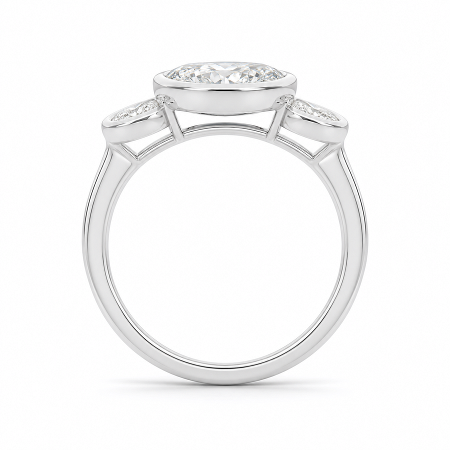 3.50 CT Elongated Oval Cut Lab-Grown Diamond Three-Stone Engagement Ring in 14K White Gold – Full Bezel Trilogy Design
