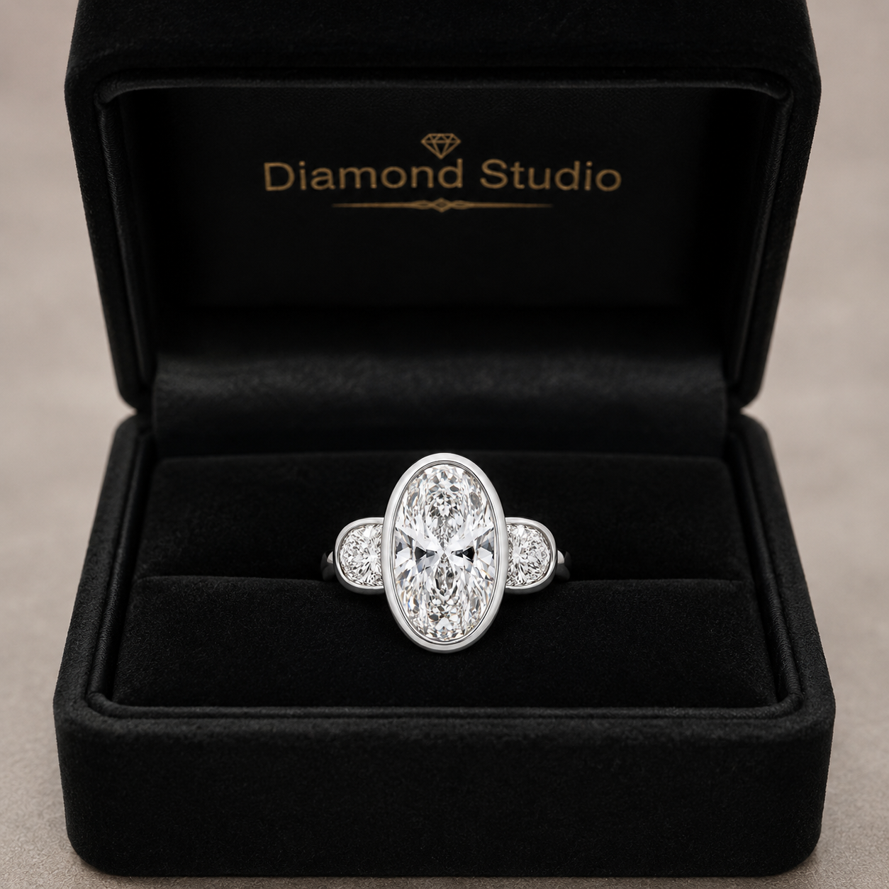 3.50 CT Elongated Oval Cut Lab-Grown Diamond Three-Stone Engagement Ring in 14K White Gold – Full Bezel Trilogy Design