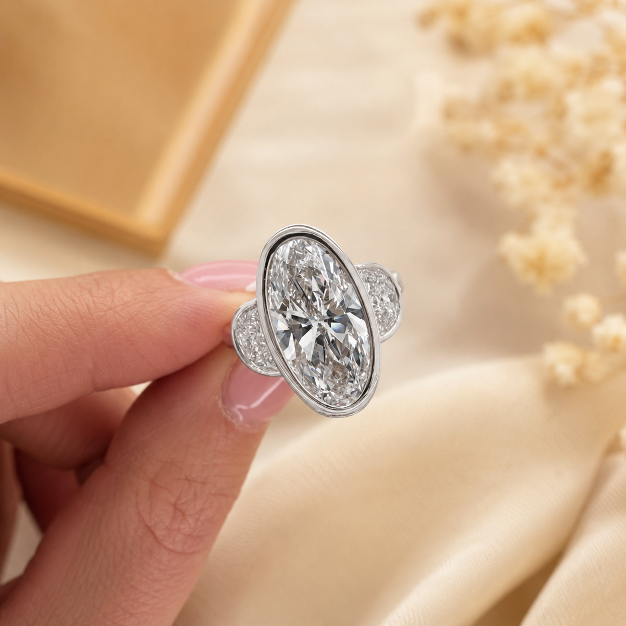 3.50 CT Elongated Oval Cut Lab-Grown Diamond Three-Stone Engagement Ring in 14K White Gold – Full Bezel Trilogy Design