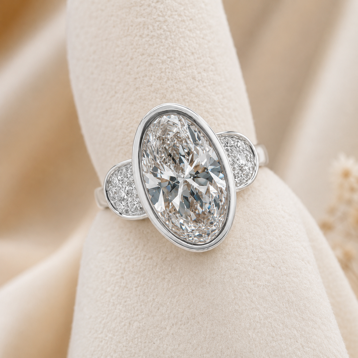3.50 CT Elongated Oval Cut Lab-Grown Diamond Three-Stone Engagement Ring in 14K White Gold – Full Bezel Trilogy Design
