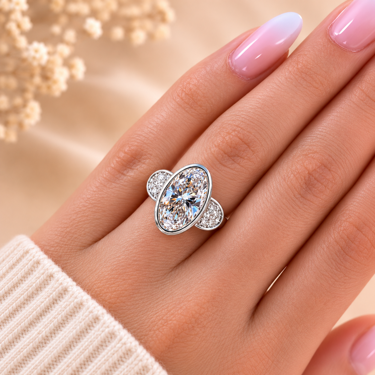 3.50 CT Elongated Oval Cut Lab-Grown Diamond Three-Stone Engagement Ring in 14K White Gold – Full Bezel Trilogy Design