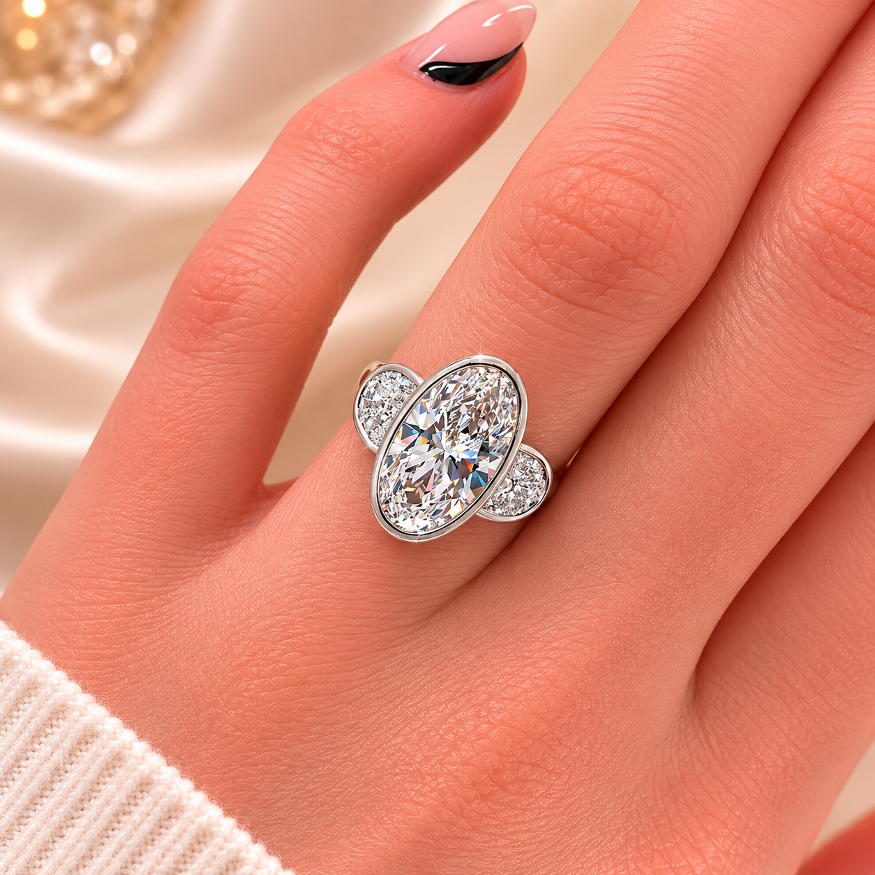 3.50 CT Elongated Oval Cut Lab-Grown Diamond Three-Stone Engagement Ring in 14K White Gold – Full Bezel Trilogy Design