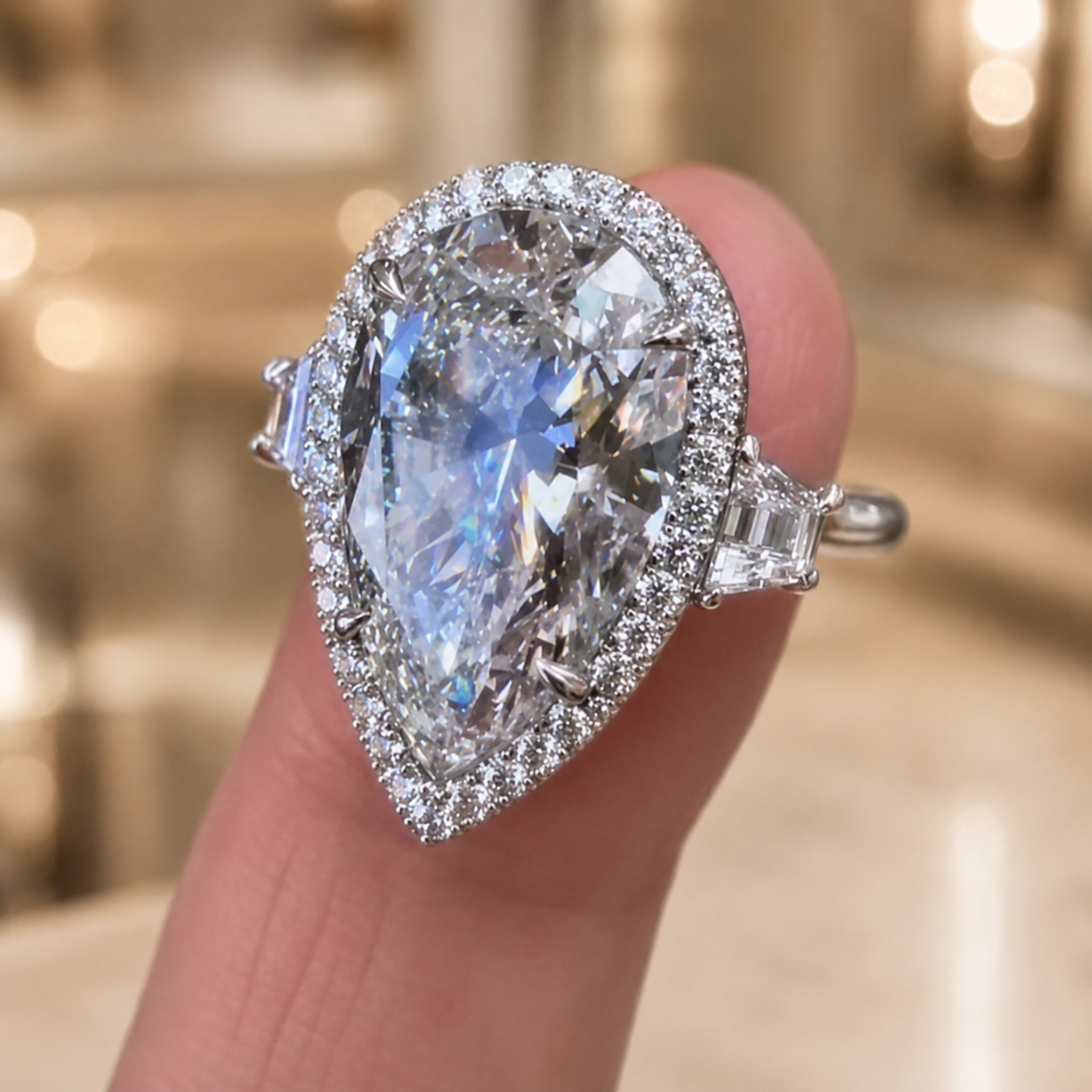 6.00 CT Pear Cut Lab-Grown Diamond Three-Stone Engagement Ring in 14K White Gold – Pear Shaped Wedding Design