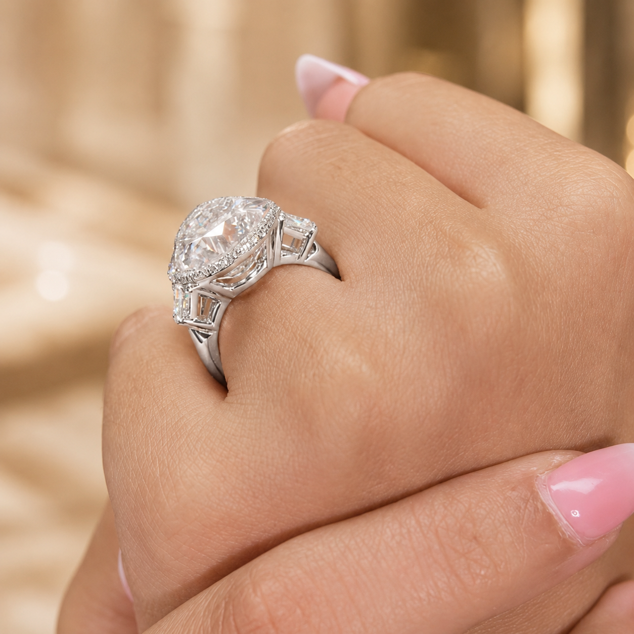 6.00 CT Pear Cut Lab-Grown Diamond Three-Stone Engagement Ring in 14K White Gold – Pear Shaped Wedding Design