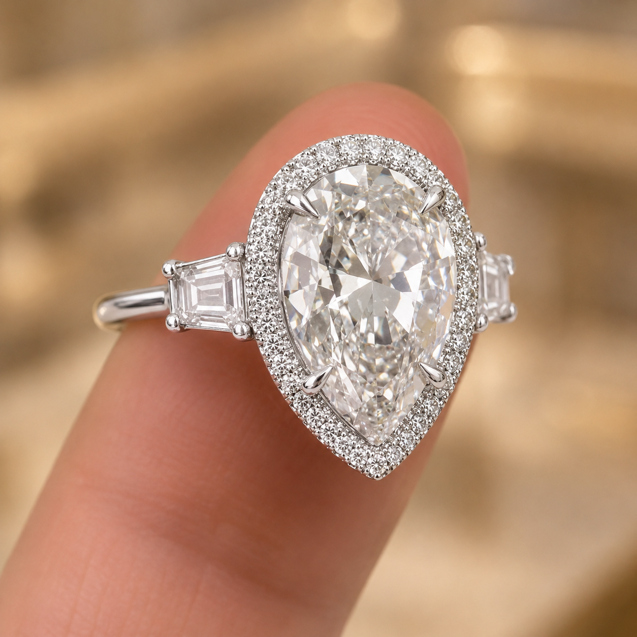 6.00 CT Pear Cut Lab-Grown Diamond Three-Stone Engagement Ring in 14K White Gold – Pear Shaped Wedding Design