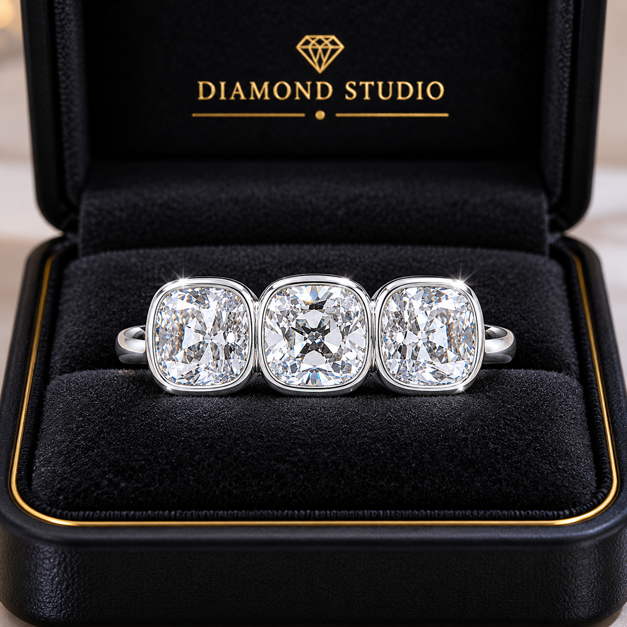2.00 CT Old European Cushion Cut Lab-Grown Diamond Three-Stone Engagement Ring in 14K White Gold – Handmade Vintage Wedding Design