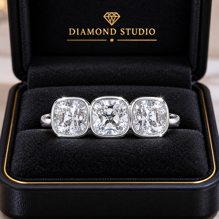 2.00 CT Old European Cushion Cut Lab-Grown Diamond Three-Stone Engagement Ring in 14K White Gold – Handmade Vintage Wedding Design
