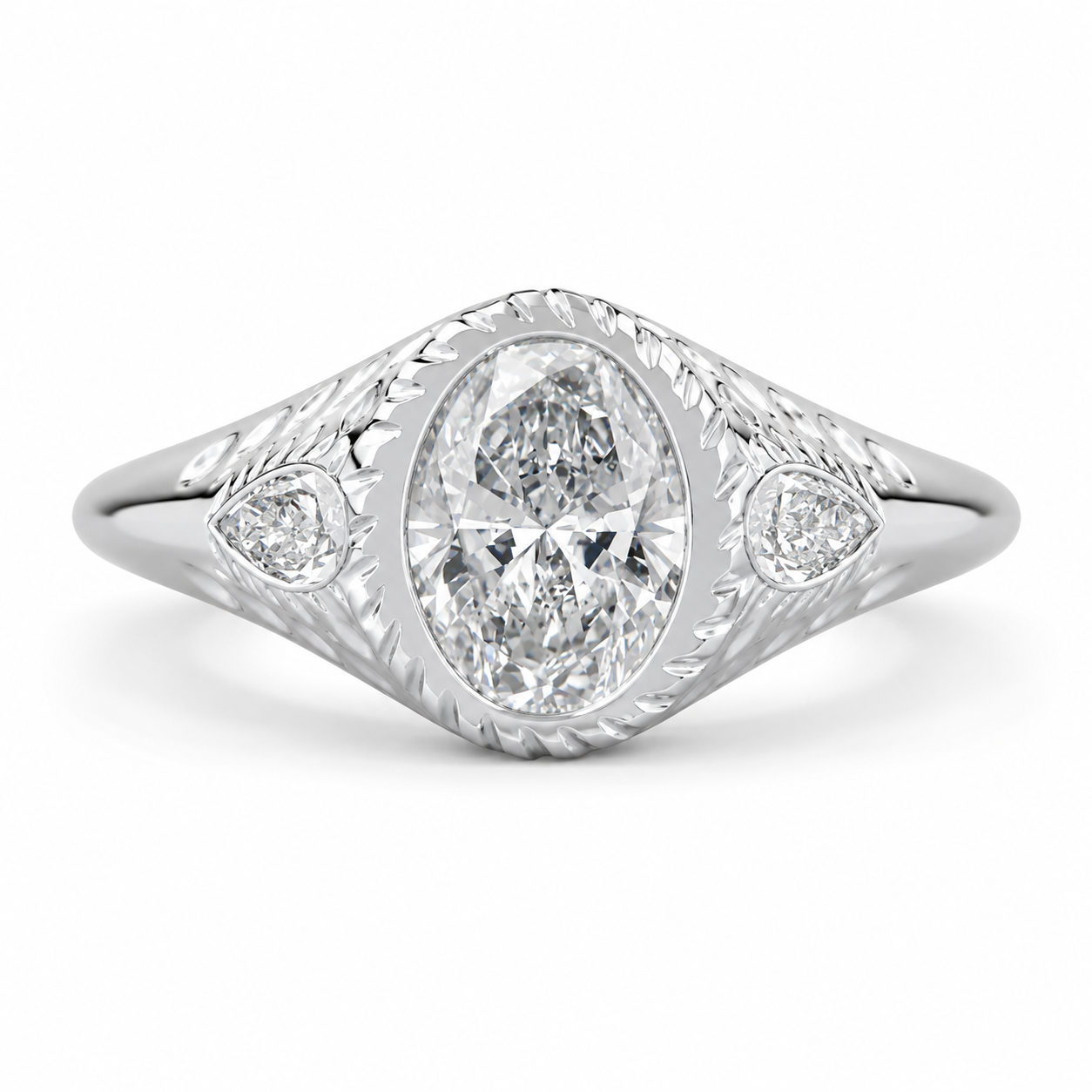 4.00 CT Oval Cut Lab-Grown Diamond Three-Stone Engagement Ring in 14K White Gold – Pear Side Diamond Design