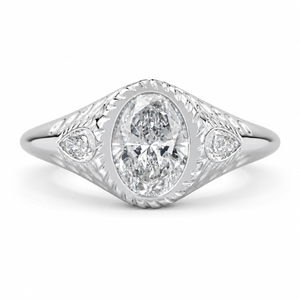 4.00 CT Oval Cut Lab-Grown Diamond Three-Stone Engagement Ring in 14K White Gold – Pear Side Diamond Design
