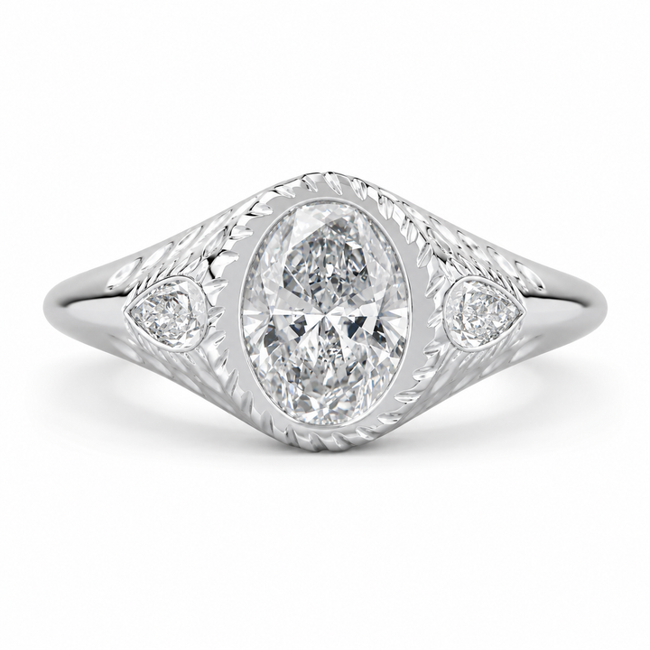 4.00 CT Oval Cut Lab-Grown Diamond Three-Stone Engagement Ring in 14K White Gold â€“ Pear Side Diamond Design from Diamond Studio