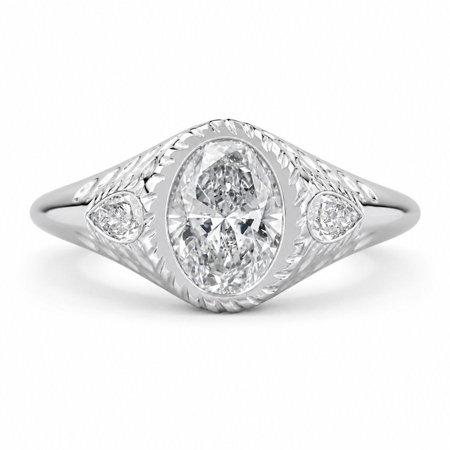 4.00 CT Oval Cut Lab-Grown Diamond Three-Stone Engagement Ring in 14K White Gold – Pear Side Diamond Design