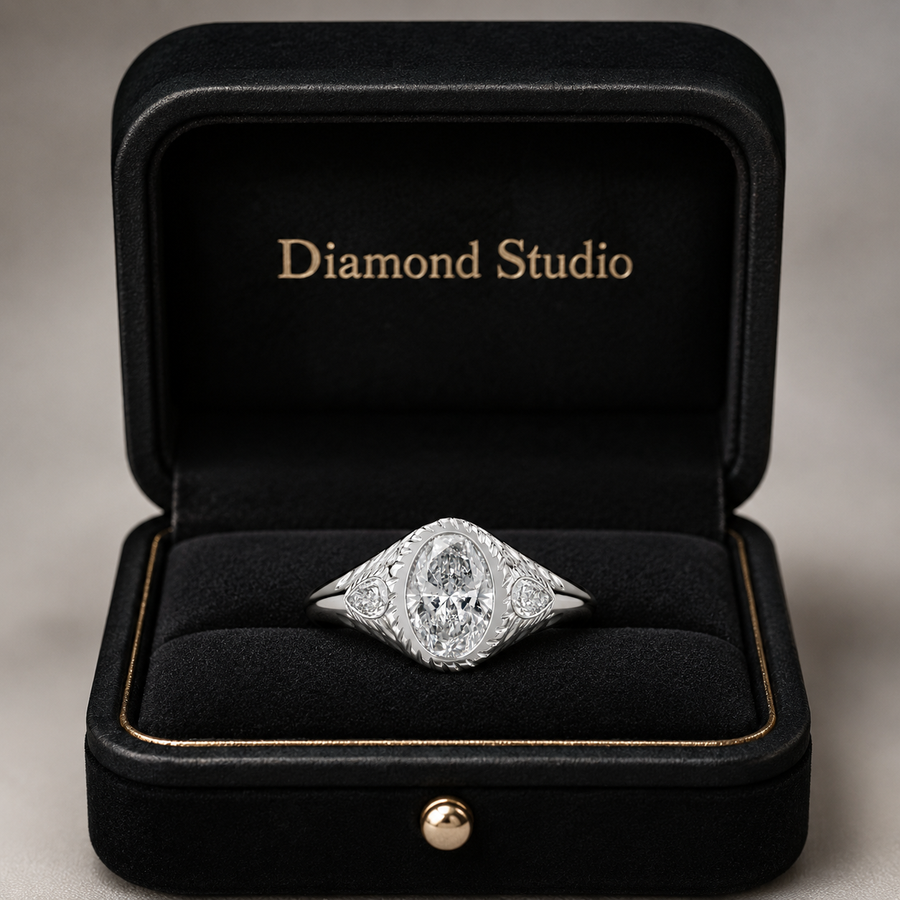 4.00 CT Oval Cut Lab-Grown Diamond Three-Stone Engagement Ring in 14K White Gold – Pear Side Diamond Design