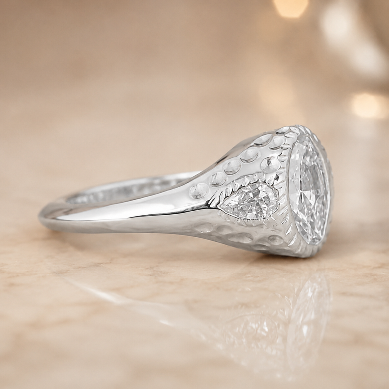 4.00 CT Oval Cut Lab-Grown Diamond Three-Stone Engagement Ring in 14K White Gold – Pear Side Diamond Design