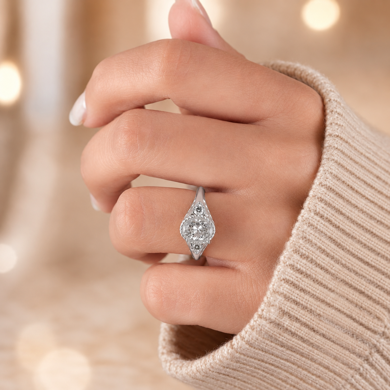 4.00 CT Oval Cut Lab-Grown Diamond Three-Stone Engagement Ring in 14K White Gold – Pear Side Diamond Design
