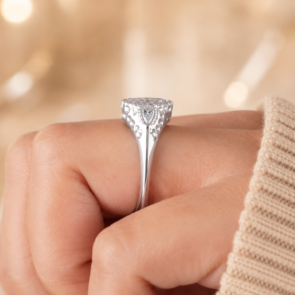 4.00 CT Oval Cut Lab-Grown Diamond Three-Stone Engagement Ring in 14K White Gold – Pear Side Diamond Design