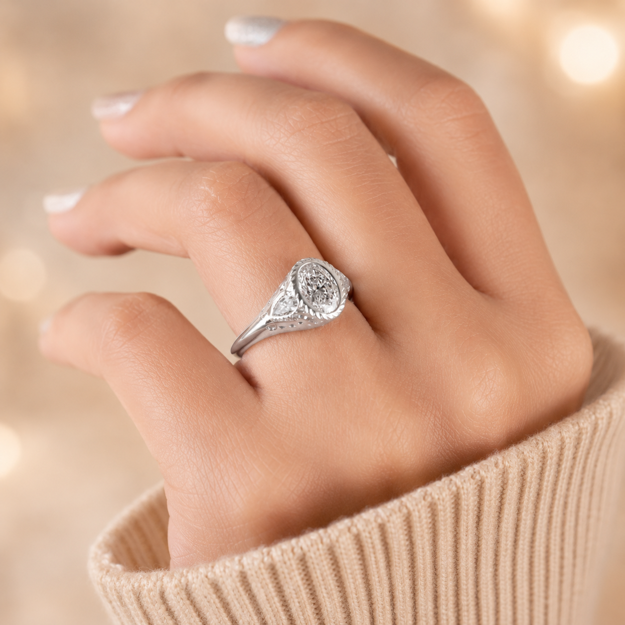 4.00 CT Oval Cut Lab-Grown Diamond Three-Stone Engagement Ring in 14K White Gold – Pear Side Diamond Design