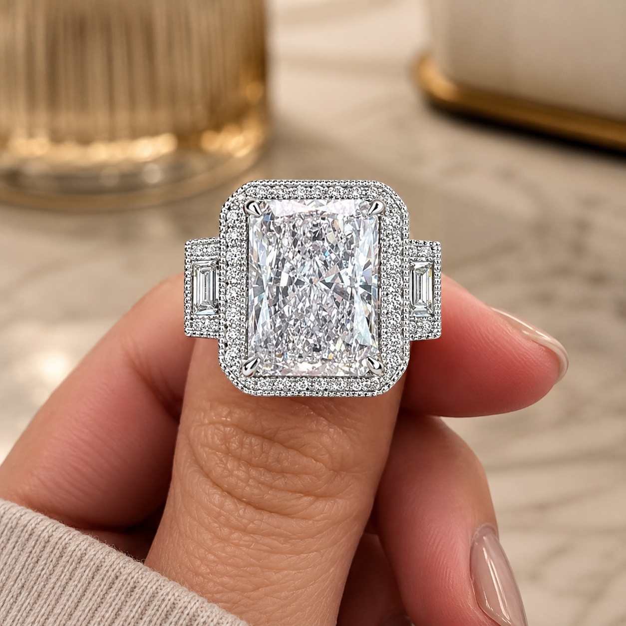 5.00 CT Radiant Cut Lab-Grown Diamond Three-Stone Engagement Ring in 14K White Gold – Anniversary Trilogy Design