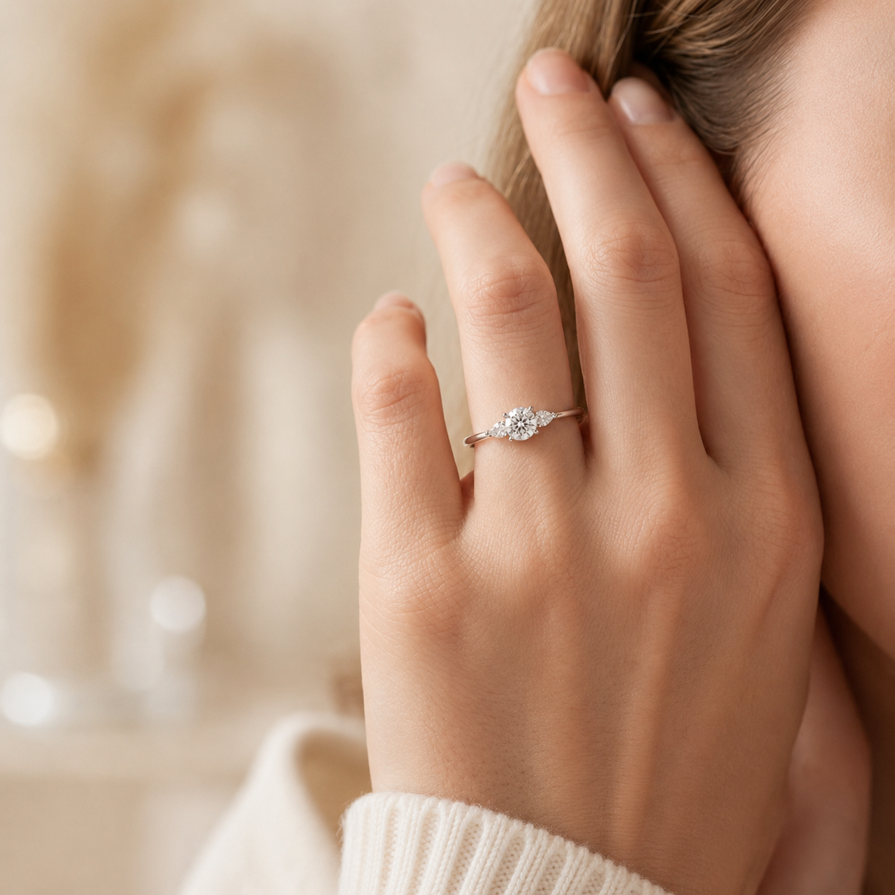 3.00 CT Round Cut Lab-Grown Diamond Three-Stone Engagement Ring in 14K White Gold – Minimalist Dainty Stacking Design