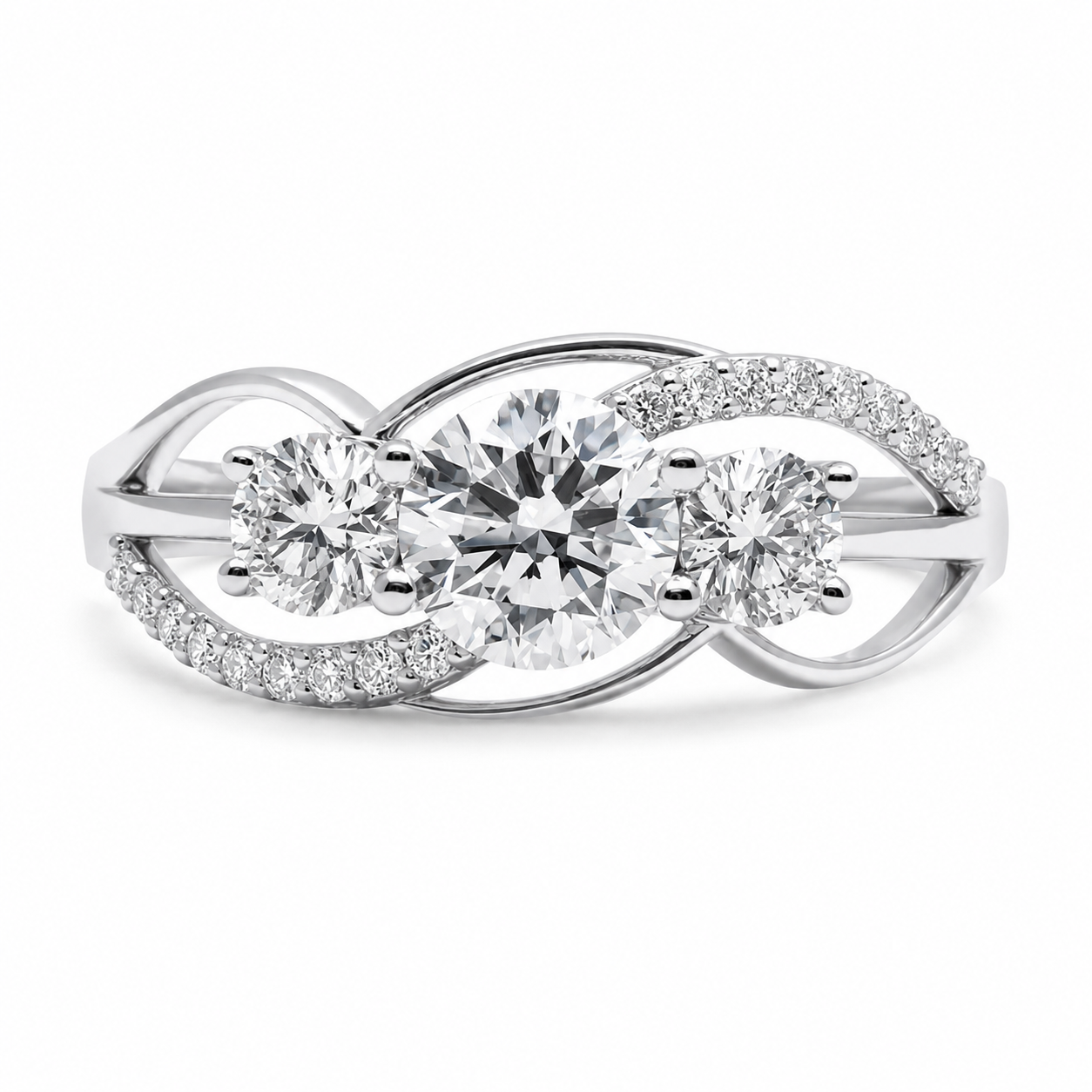 1.70 CT Round Lab-Grown Diamond Three-Stone Engagement Ring in 14K White Gold – Twisted Pavé Design