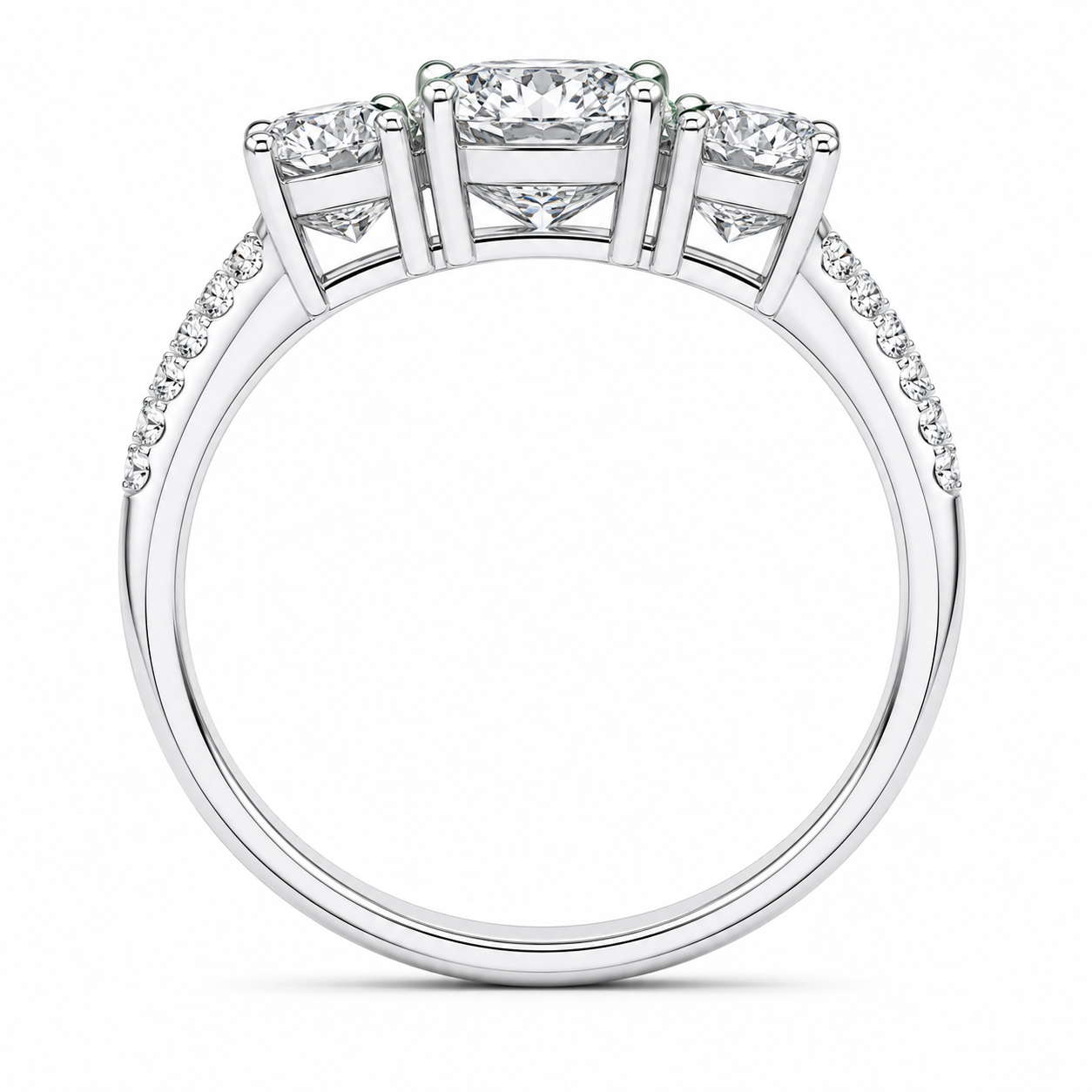 1.70 CT Round Lab-Grown Diamond Three-Stone Engagement Ring in 14K White Gold – Twisted Pavé Design