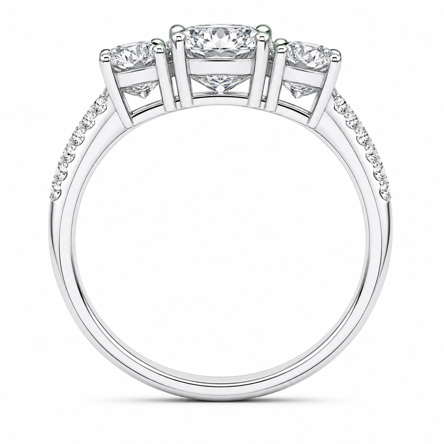 1.70 CT Round Lab-Grown Diamond Three-Stone Engagement Ring in 14K White Gold – Twisted Pavé Design