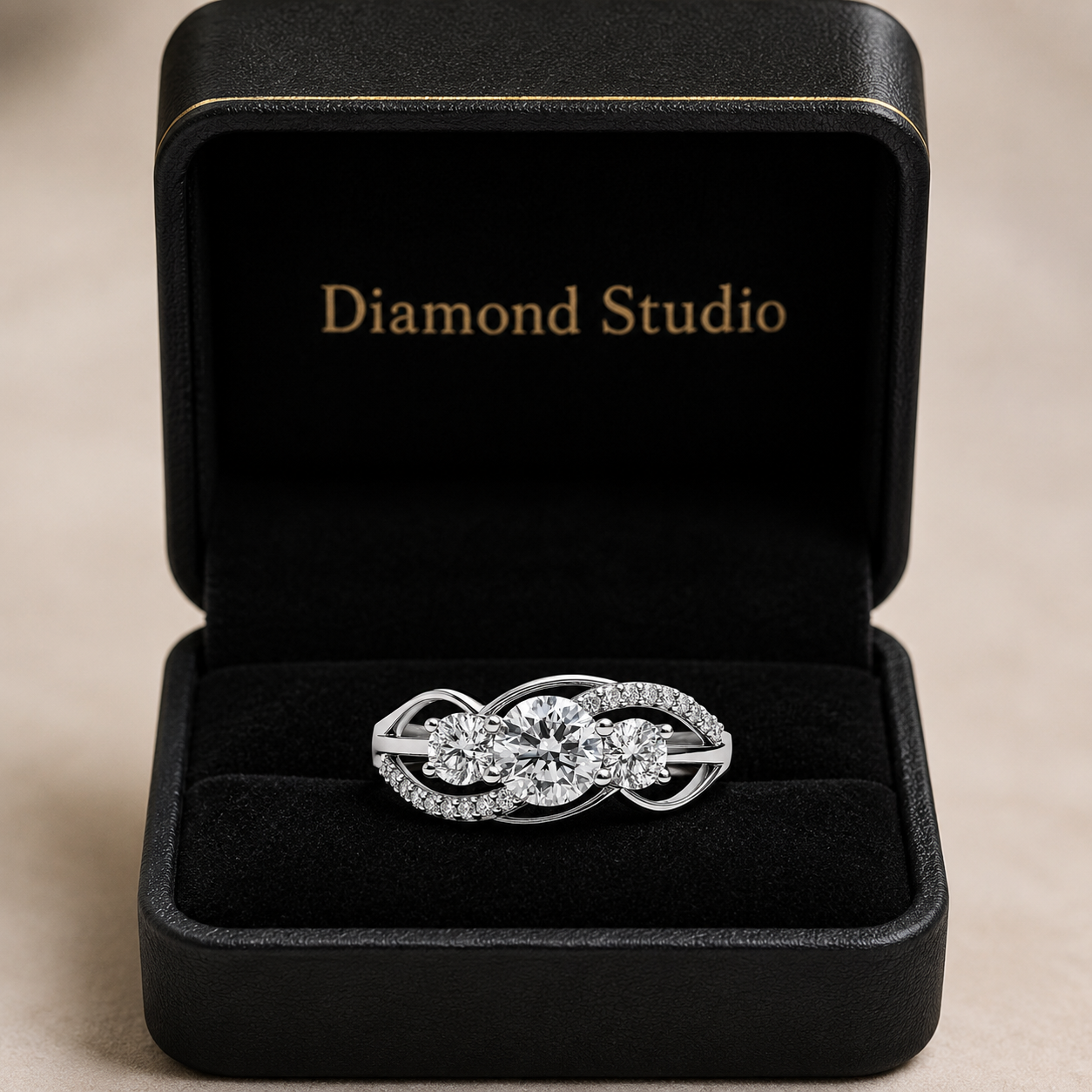 1.70 CT Round Lab-Grown Diamond Three-Stone Engagement Ring in 14K White Gold – Twisted Pavé Design