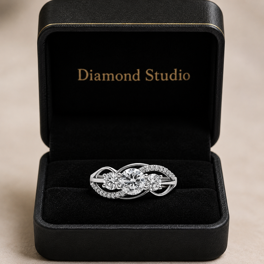 1.70 CT Round Lab-Grown Diamond Three-Stone Engagement Ring in 14K White Gold – Twisted Pavé Design