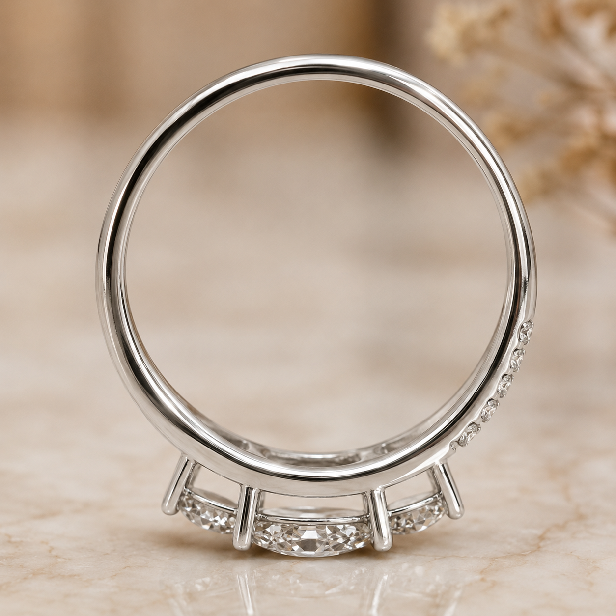 1.70 CT Round Lab-Grown Diamond Three-Stone Engagement Ring in 14K White Gold – Twisted Pavé Design