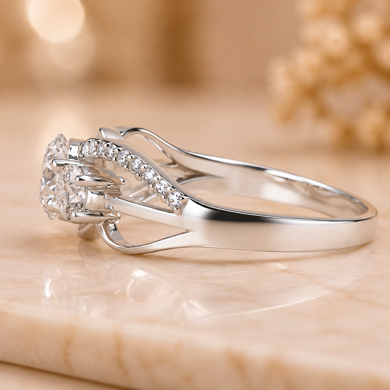 1.70 CT Round Lab-Grown Diamond Three-Stone Engagement Ring in 14K White Gold – Twisted Pavé Design