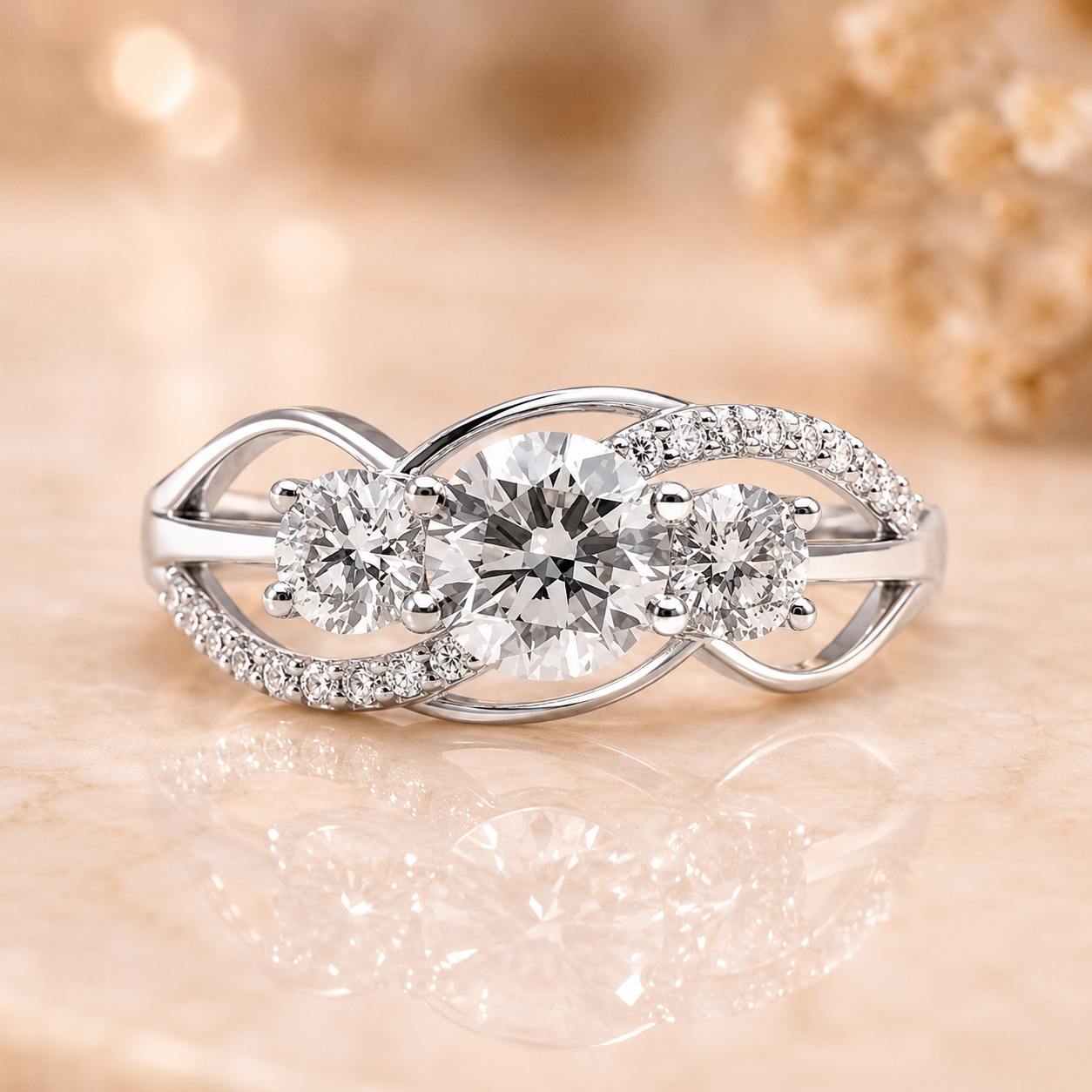 1.70 CT Round Lab-Grown Diamond Three-Stone Engagement Ring in 14K White Gold – Twisted Pavé Design