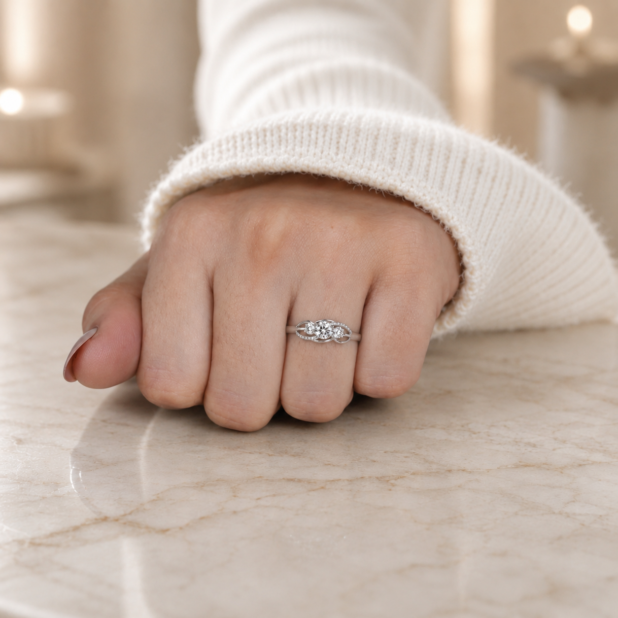 1.70 CT Round Lab-Grown Diamond Three-Stone Engagement Ring in 14K White Gold – Twisted Pavé Design
