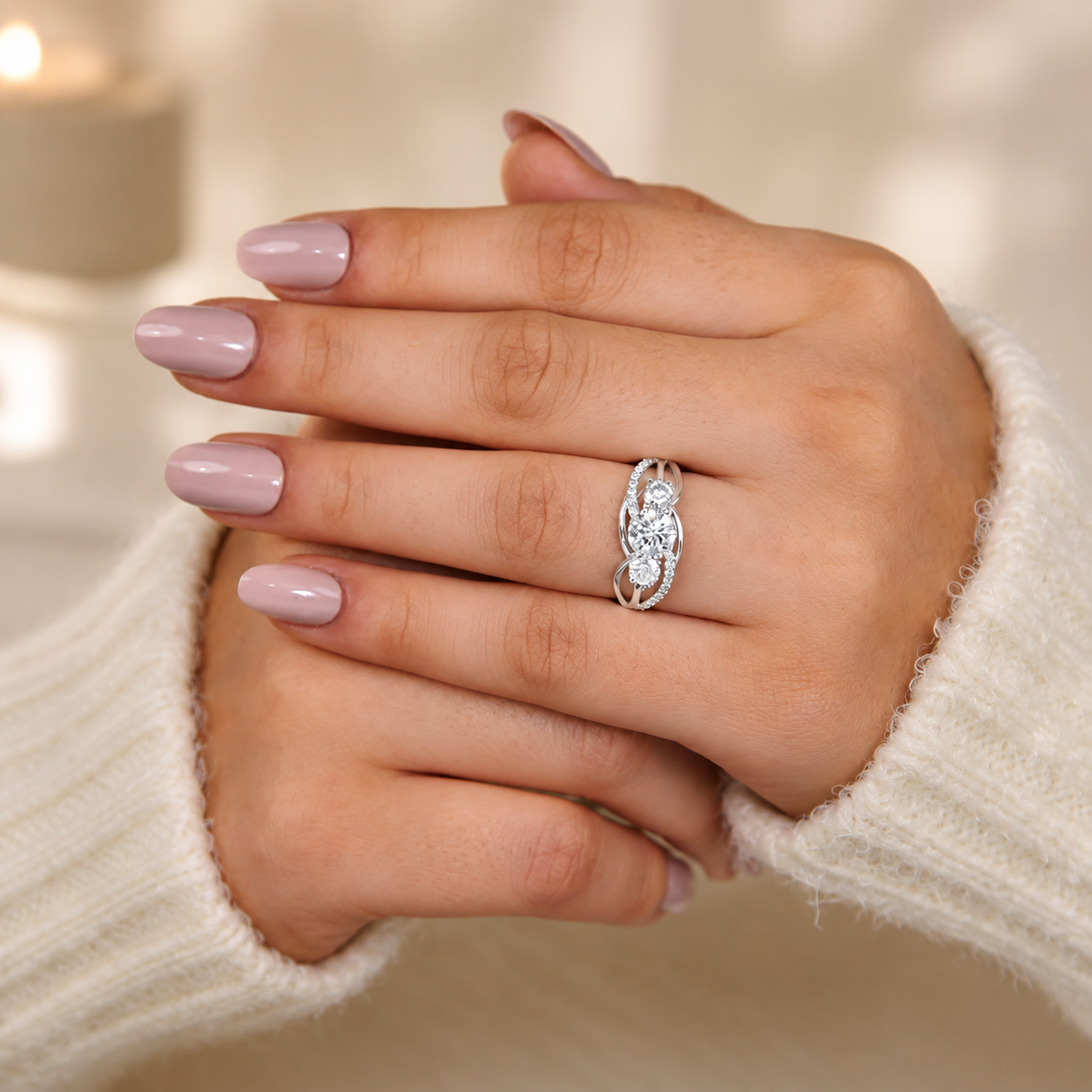 1.70 CT Round Lab-Grown Diamond Three-Stone Engagement Ring in 14K White Gold – Twisted Pavé Design