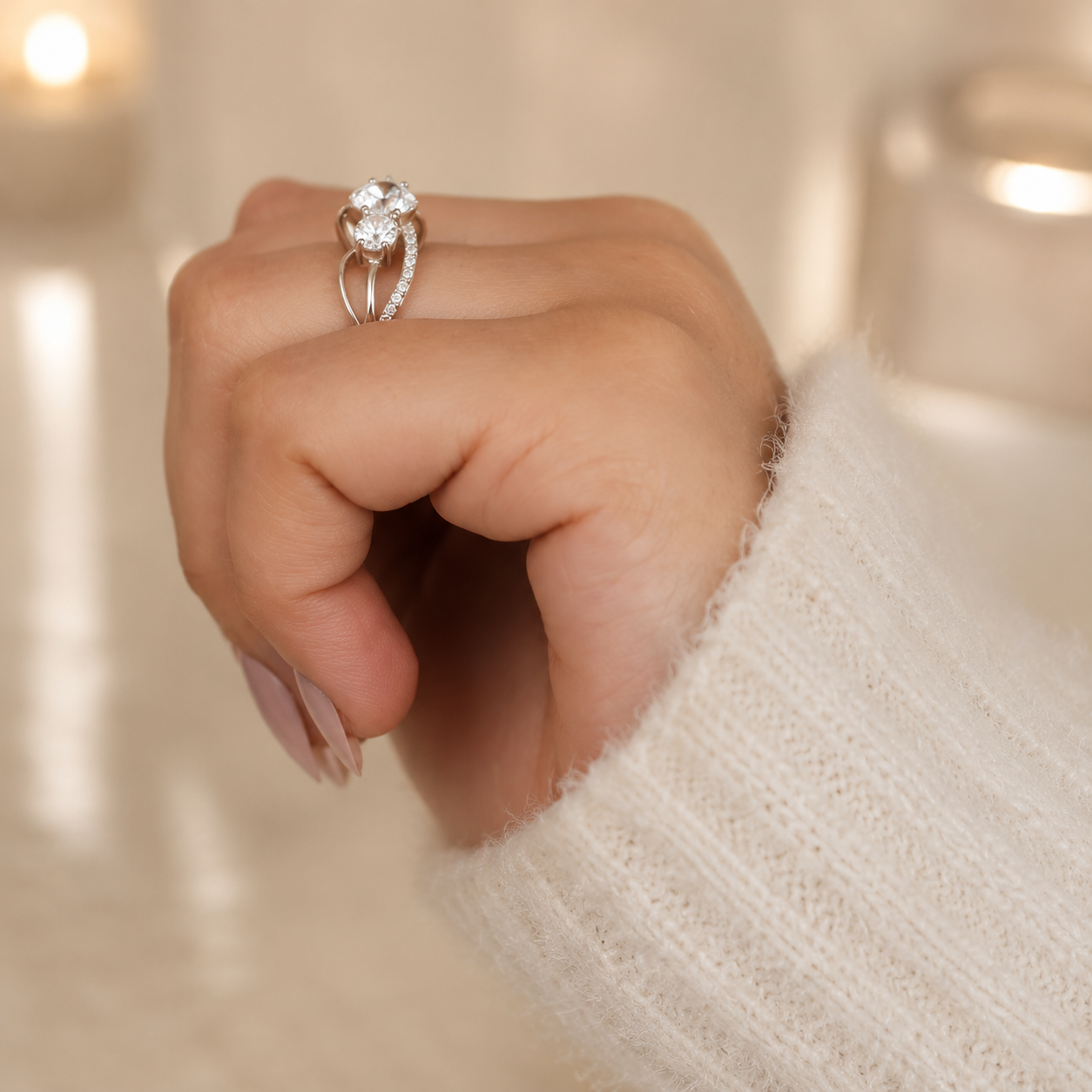 1.70 CT Round Lab-Grown Diamond Three-Stone Engagement Ring in 14K White Gold – Twisted Pavé Design
