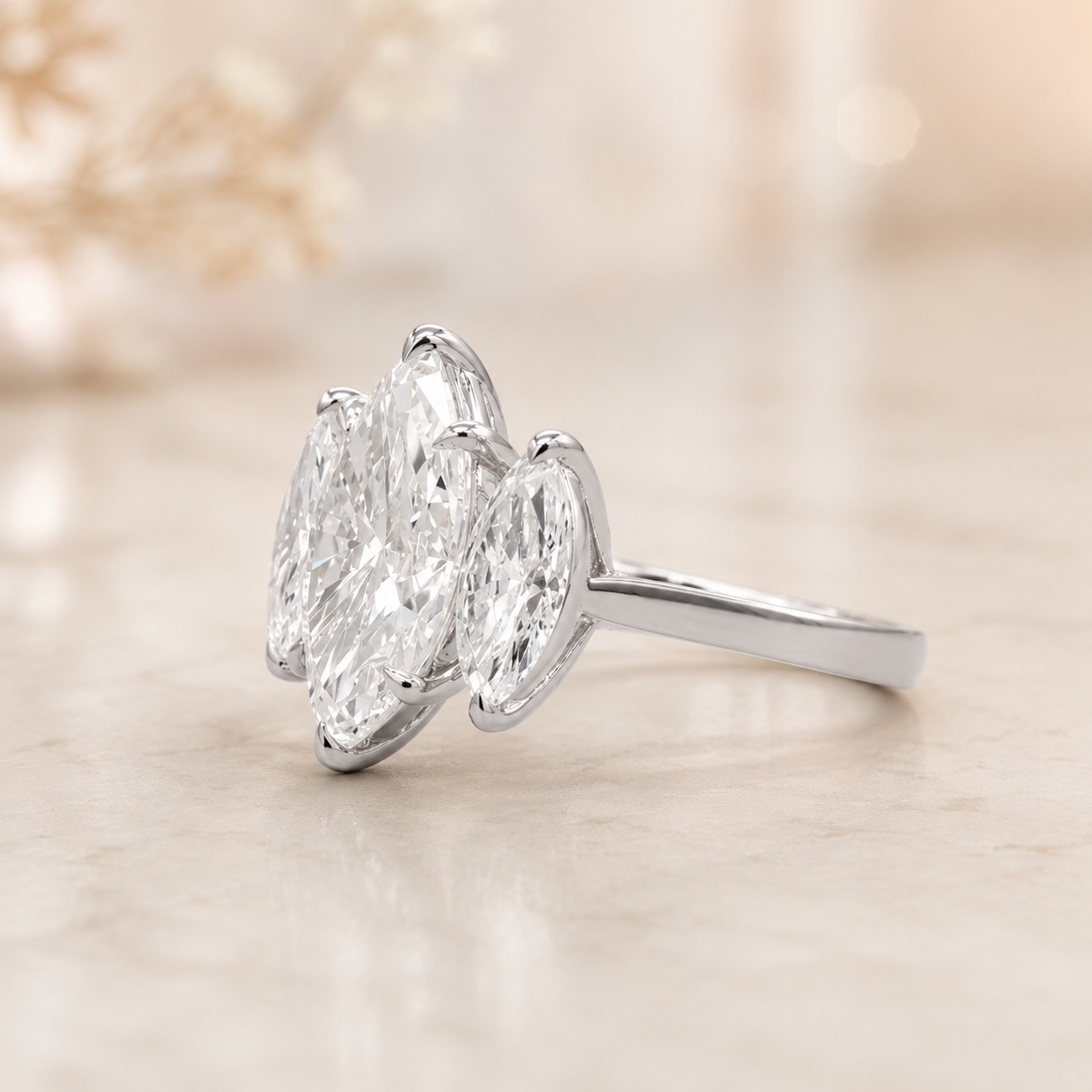 3.00 CT Marquise Lab-Grown Diamond Three-Stone Engagement Ring in 14K White Gold – Classic Trilogy Design