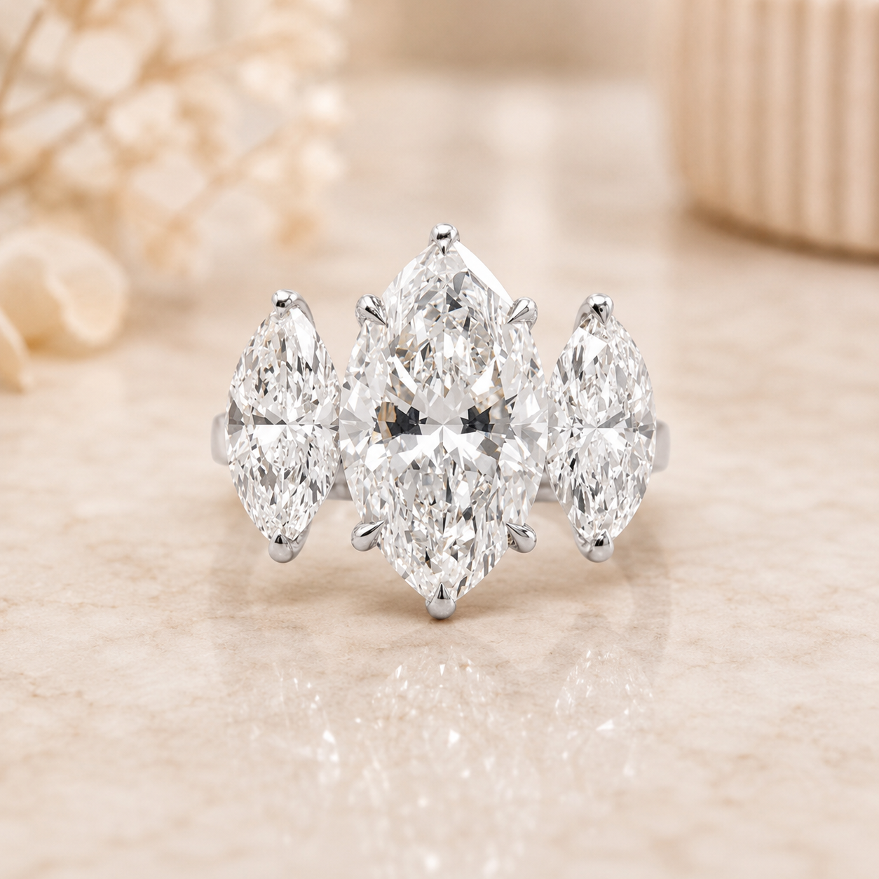 3.00 CT Marquise Lab-Grown Diamond Three-Stone Engagement Ring in 14K White Gold – Classic Trilogy Design
