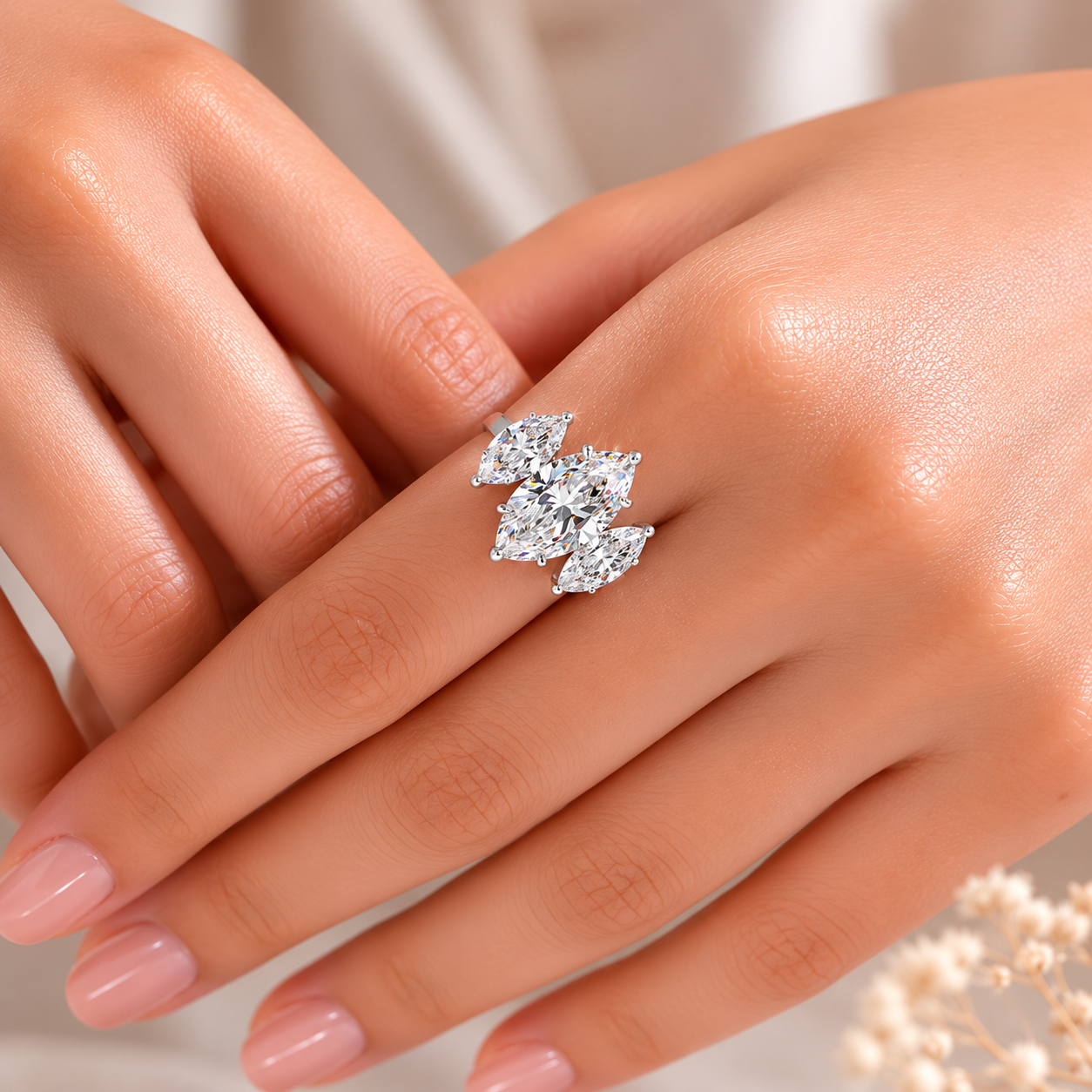 3.00 CT Marquise Lab-Grown Diamond Three-Stone Engagement Ring in 14K White Gold – Classic Trilogy Design