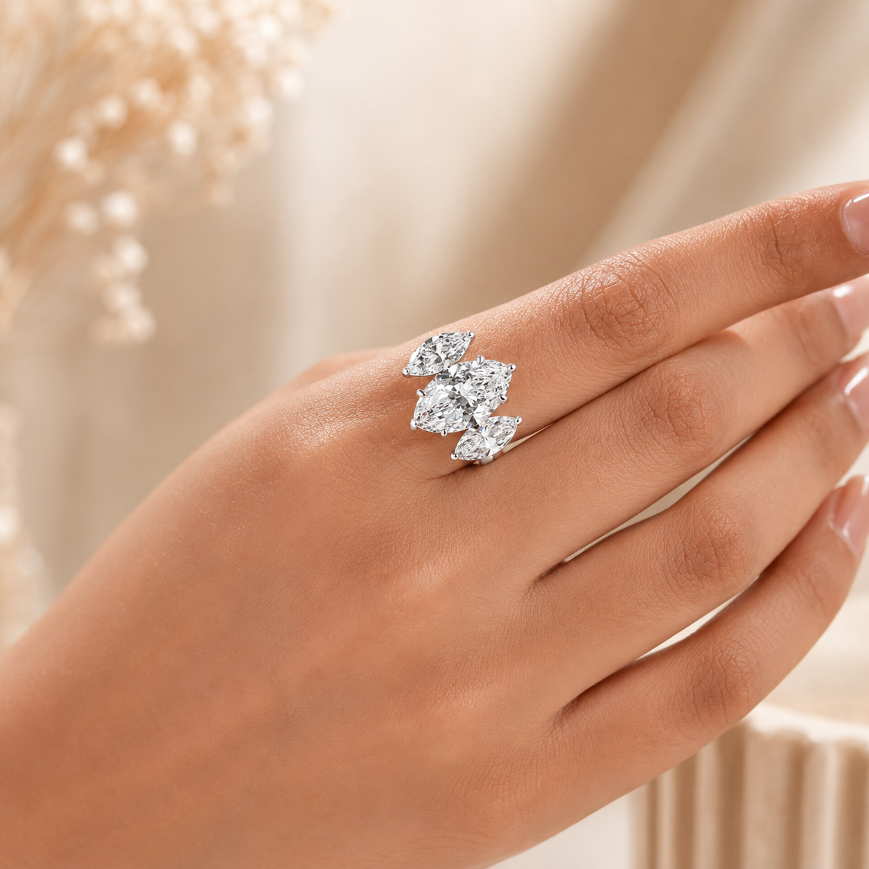 3.00 CT Marquise Lab-Grown Diamond Three-Stone Engagement Ring in 14K White Gold – Classic Trilogy Design