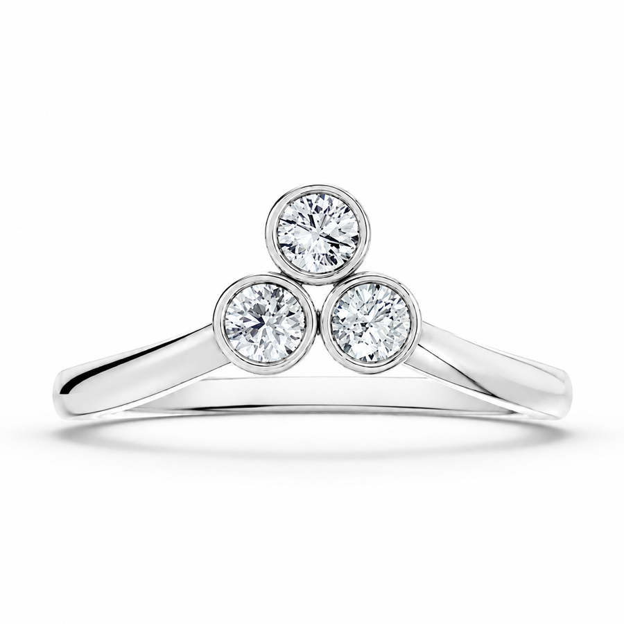 1.50 CT Round Cut Lab-Grown Diamond Three-Stone Engagement Ring in 14K White Gold – Minimalist Bezel Set V Shape Design