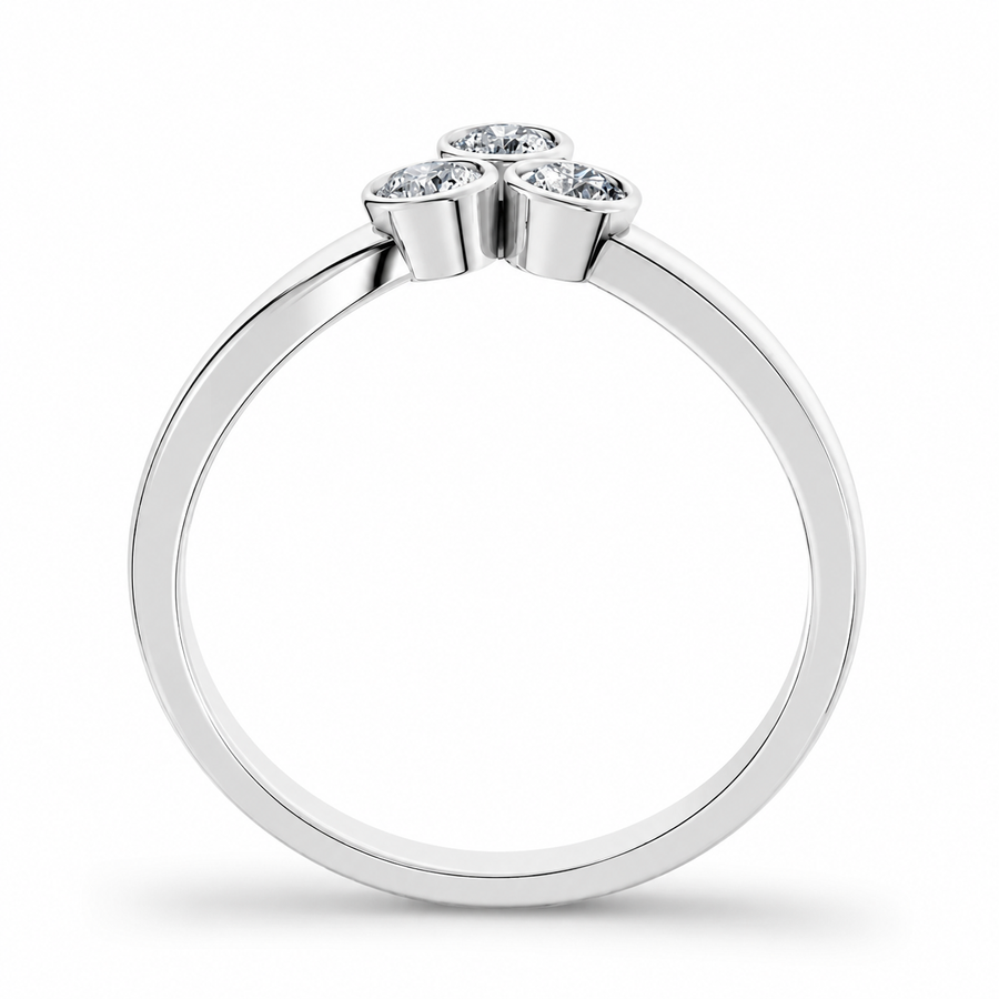 1.50 CT Round Cut Lab-Grown Diamond Three-Stone Engagement Ring in 14K White Gold – Minimalist Bezel Set V Shape Design