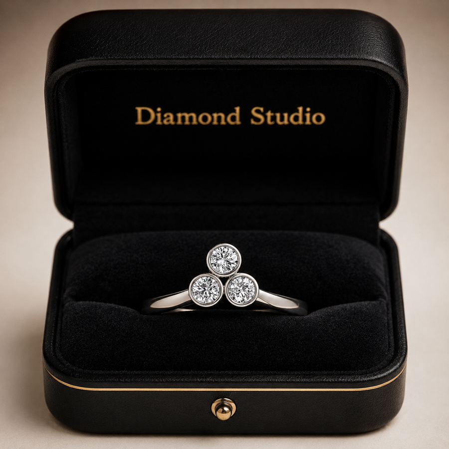1.50 CT Round Cut Lab-Grown Diamond Three-Stone Engagement Ring in 14K White Gold – Minimalist Bezel Set V Shape Design