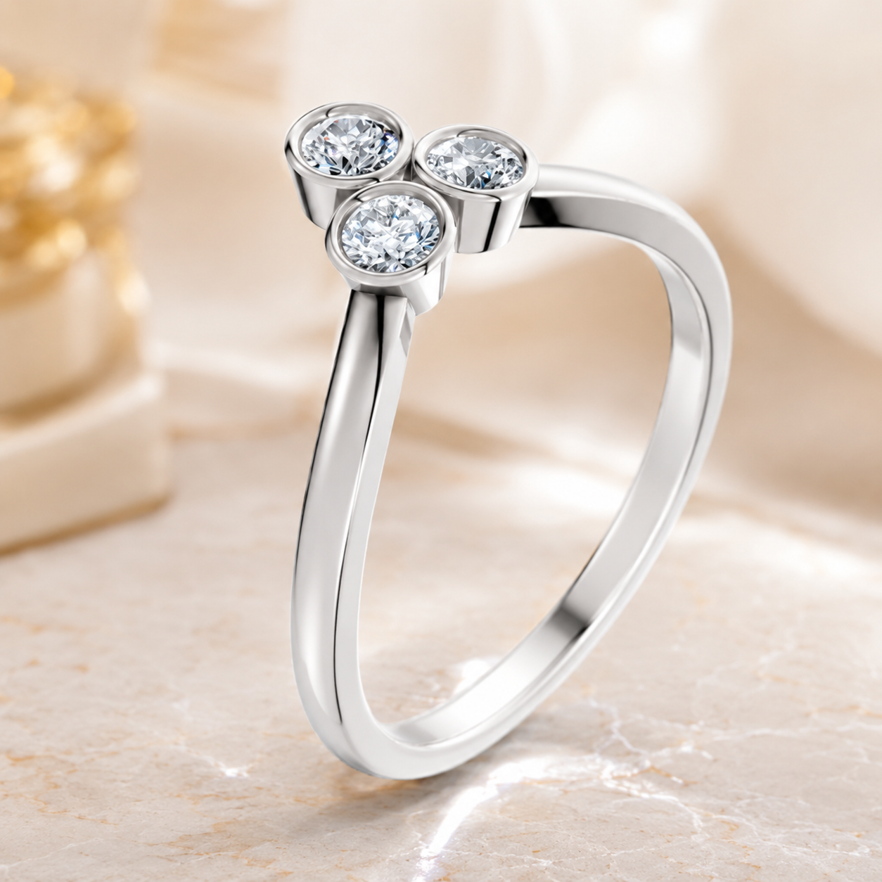 1.50 CT Round Cut Lab-Grown Diamond Three-Stone Engagement Ring in 14K White Gold – Minimalist Bezel Set V Shape Design