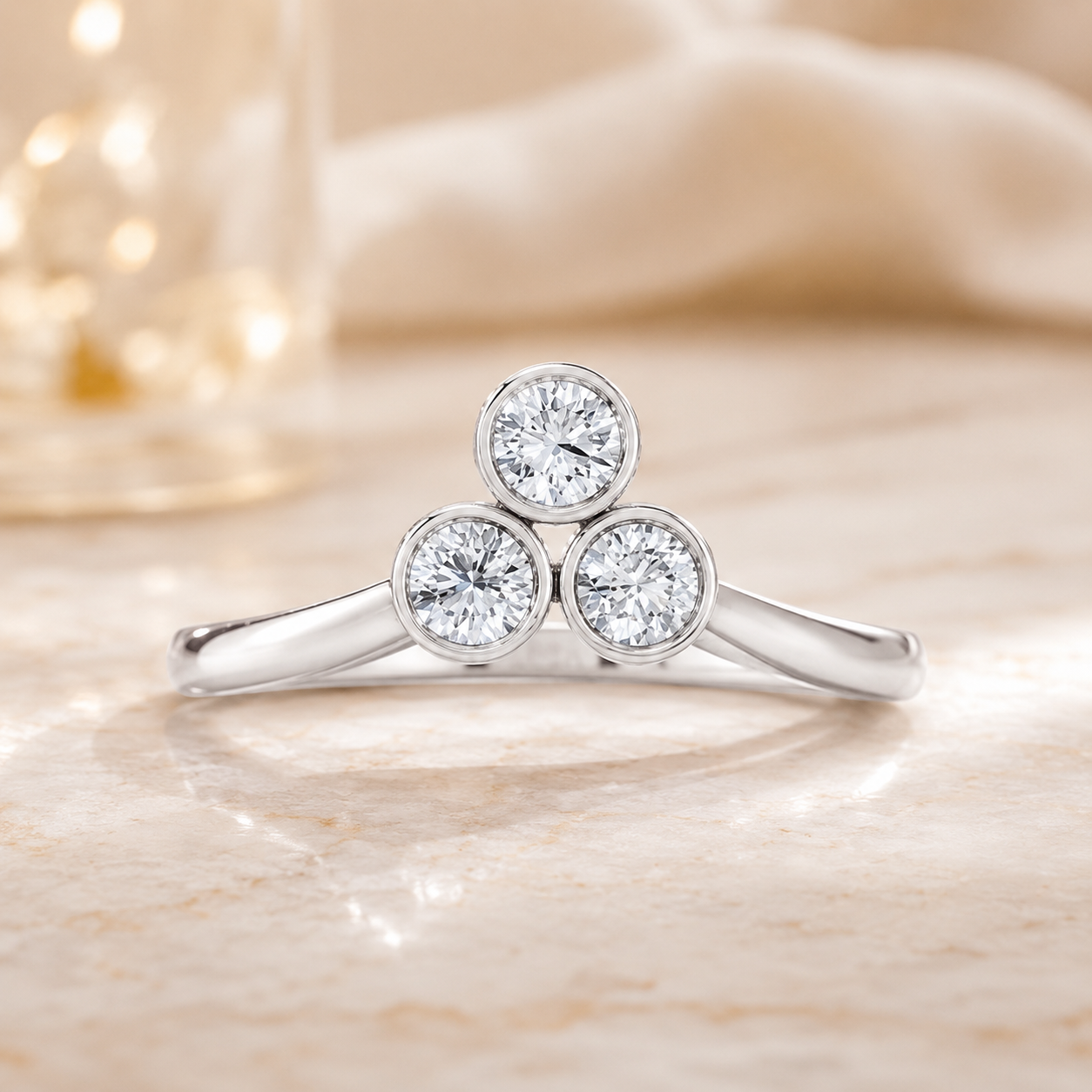 1.50 CT Round Cut Lab-Grown Diamond Three-Stone Engagement Ring in 14K White Gold – Minimalist Bezel Set V Shape Design
