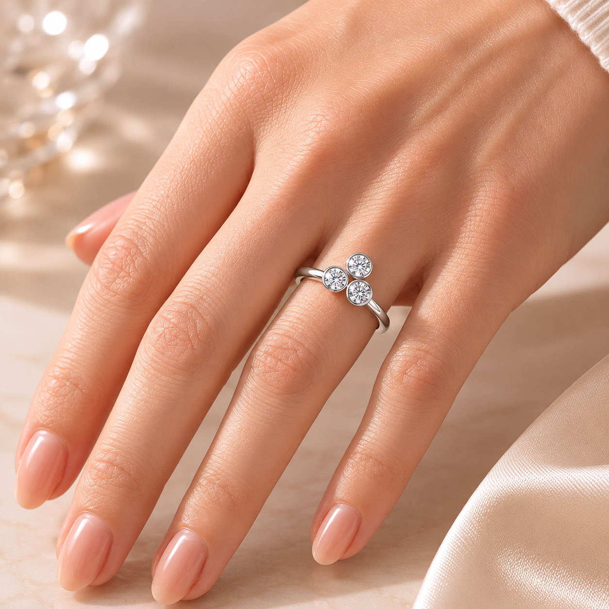 1.50 CT Round Cut Lab-Grown Diamond Three-Stone Engagement Ring in 14K White Gold – Minimalist Bezel Set V Shape Design