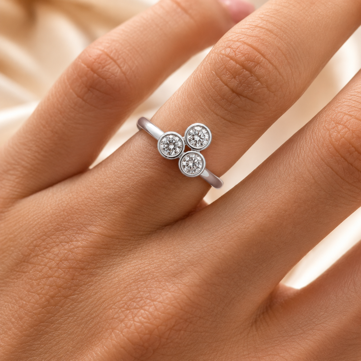 1.50 CT Round Cut Lab-Grown Diamond Three-Stone Engagement Ring in 14K White Gold – Minimalist Bezel Set V Shape Design