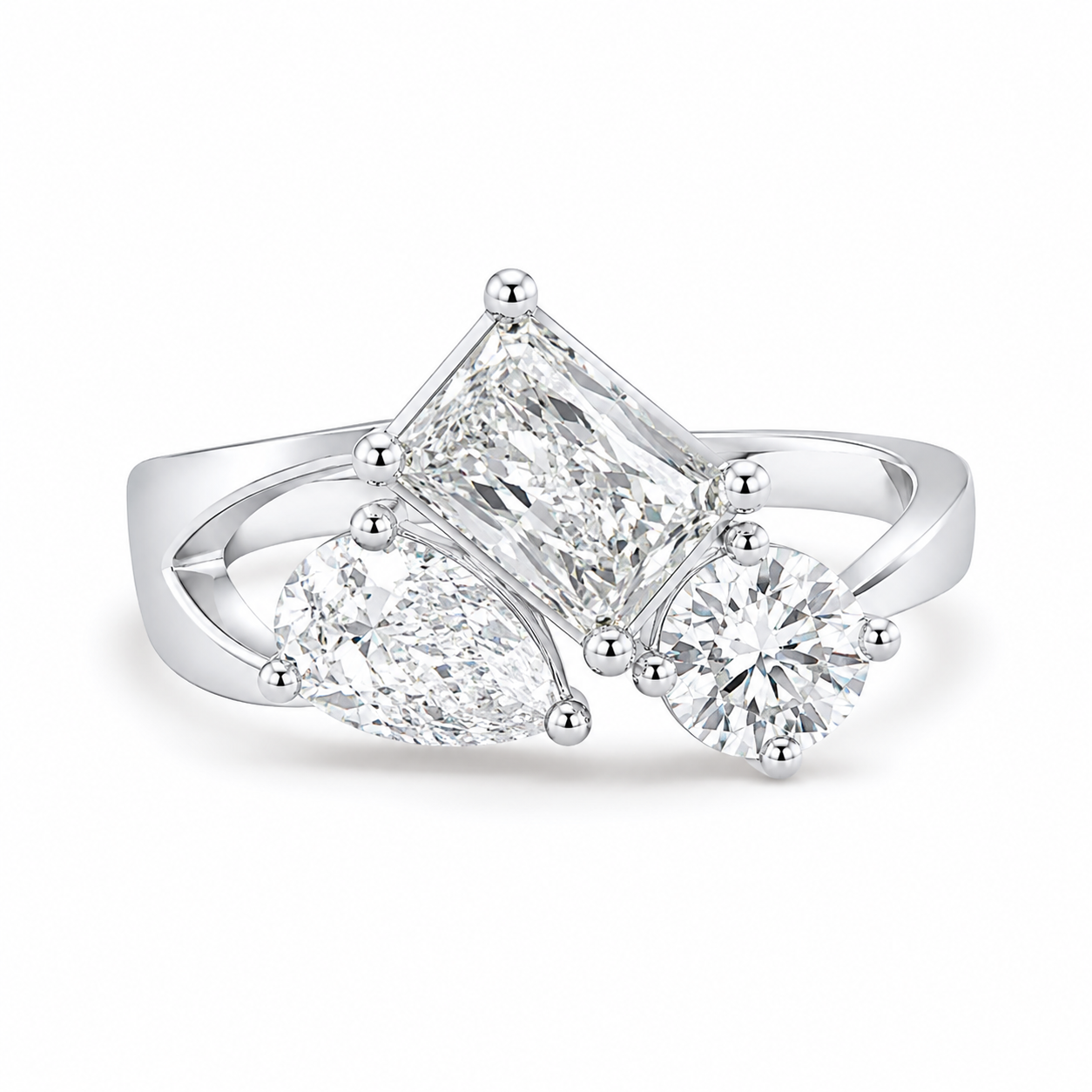 2.50 CT Multi Shape Lab-Grown Diamond Three-Stone Engagement Ring in 14K White Gold – Antique Trilogy Vintage Design