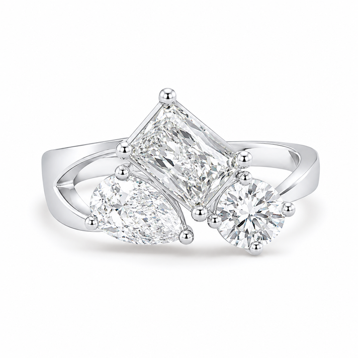 2.50 CT Multi Shape Lab-Grown Diamond Three-Stone Engagement Ring in 14K White Gold â€“ Antique Trilogy Vintage Design from Diamond Studio