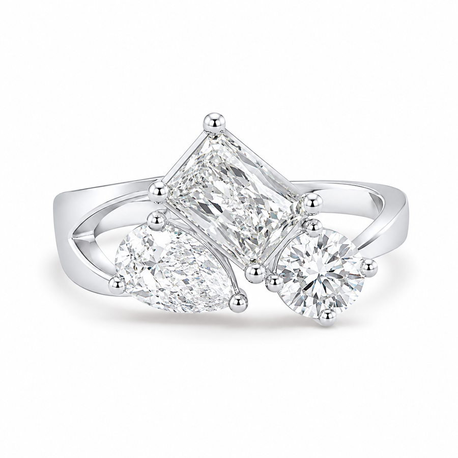 2.50 CT Multi Shape Lab-Grown Diamond Three-Stone Engagement Ring in 14K White Gold – Antique Trilogy Vintage Design
