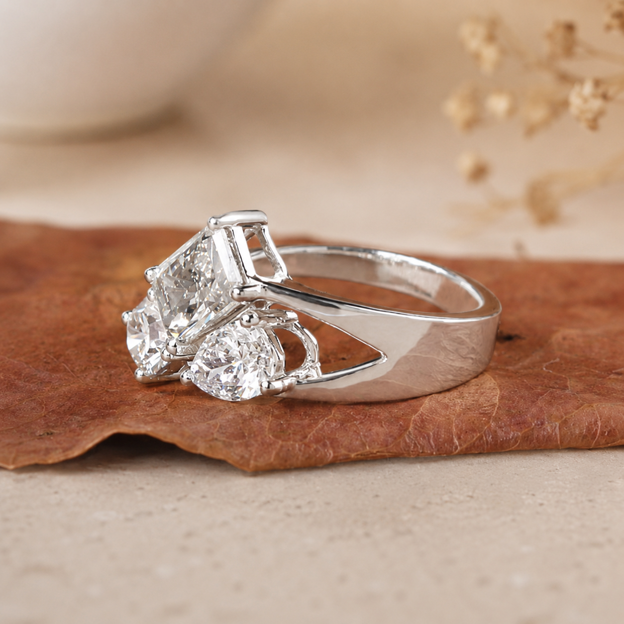 2.50 CT Multi Shape Lab-Grown Diamond Three-Stone Engagement Ring in 14K White Gold – Antique Trilogy Vintage Design